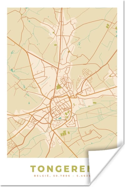 Poster Kaart - Vintage - Tongeren - Stadskaart - Plattegrond - 120x180 cm XXL