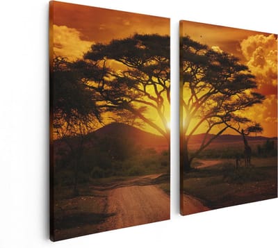 Artaza Canvas Schilderij Tweeluik Zonsondergang Achter Een Savanne Boom - 80x60 - Foto Op Canvas - Canvas Print