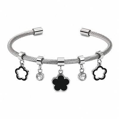 Engravia by Derya – Dames Bangle Armband – Roestvrij Staal – Klaver Bedels & Zirkonia Details – Cadeau voor Vrouw, Partner of Moeder