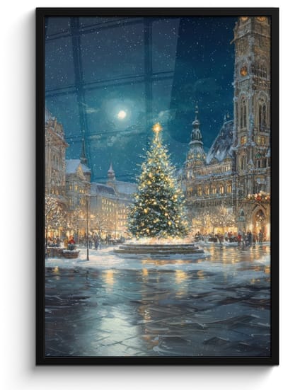Poster in lijst - Fotolijst 60x90 cm - Posters - Kerstnacht - Stadsplein - Meerkleurig - Posterlijst zwart - Decoratie - Wanddecoratie woonkamer - Muurdecoratie slaapkamer - Kerstversiering - Kerstdecoratie voor binnen - Kerstmis