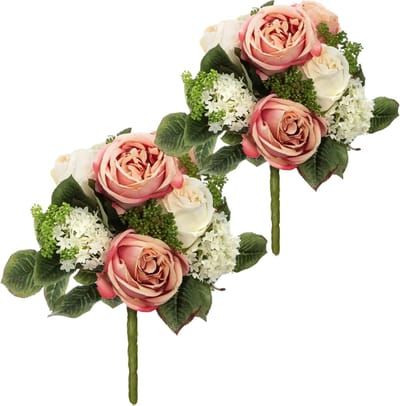 Atmosphera kunstbloemen 2x boeketten wit/roze rozen 35 cm