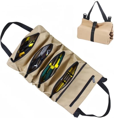 One Heren Gereedschapstas - Canvas Sleutelrol - 5 Afgesloten Zakken, Multifunctionele Gereedschapstas - Khaki