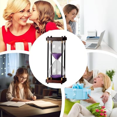 Zandloper Ornament - Tijdklok Decoratie - Tijd Beheer - Stabiele Houten Basis - 25 cm Hoog - Paars