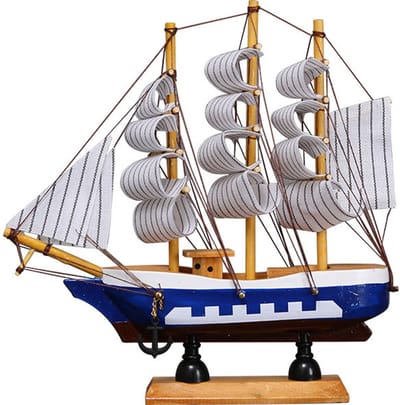 Zeilbootmodel - Klein houten bootornament - Houten piratenschip - Vissersboot als bureaudecoratie - 30*5*29,5 cm - Milieuvriendelijk houten knutselwerk - Vakantiecadeau - Woninginrichting - Blauw