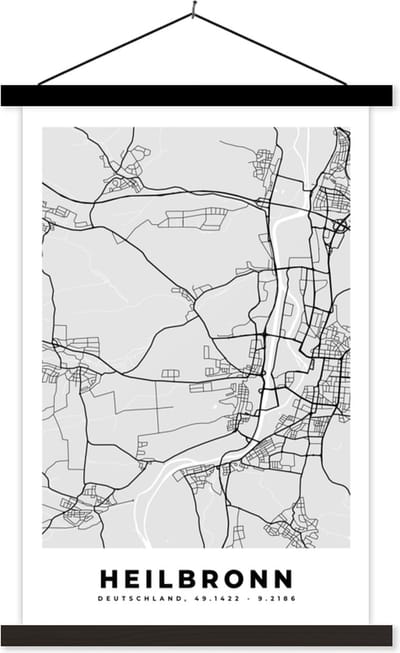 Posterhanger incl. Poster 40x60 cm - Schoolplaat - Plattegrond - Duitsland - Heilbronn - Kaart - Stadskaart - Textielposter - Zwarte latten - Stadskaart