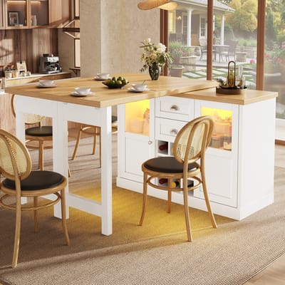 HAUSS SPOLE Eettafel - Uitschuifbaar Met Led En Opbergruimte - 360 Graden Draaibaar Voor Keuken En Eetkamer - MDF - 120-197x40x72 Cm - Wit