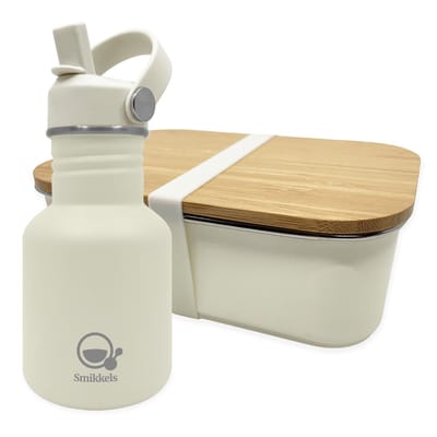 Smikkels - RVS lunchbox met drinkfles kind - Zacht wit - 304 RVS (18/8) - Lunchset Broodtrommel en Schoolbeker - Basisschool
