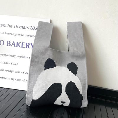 Sac à Bandoulière Panda Tricoté Mignon, Polyvalent pour le Printemps et l'Été, Sac Cabas Grande Capacité pour Étudiants et Personnes qui se Déplacent gray
