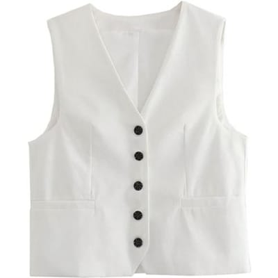 Willshela Damesmode Solid Single Breasted Vest Vintage V-hals Mouwloos Vrouwelijke Chic Lady Tank Tops XS wit