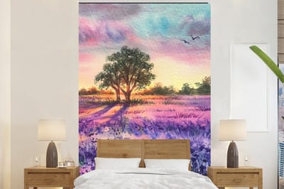 Behang - Fotobehang Lavendel - Verf - Vogels - Bomen - Paars - Breedte 170 cm x hoogte 260 cm