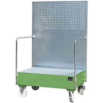 Verrijdbare lekbak, van staal, 215 l opvangvolume voor 2 x 200 liter vaten, groen gelakt