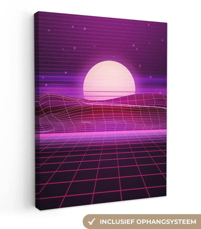 Canvas schilderij 30x40 cm - Wanddecoratie Gaming - Neon - Retro - Paars - Zon - Gamen - Muurdecoratie game room - Gaming kamer decoratie - Gameroom accessoires - Schilderijen