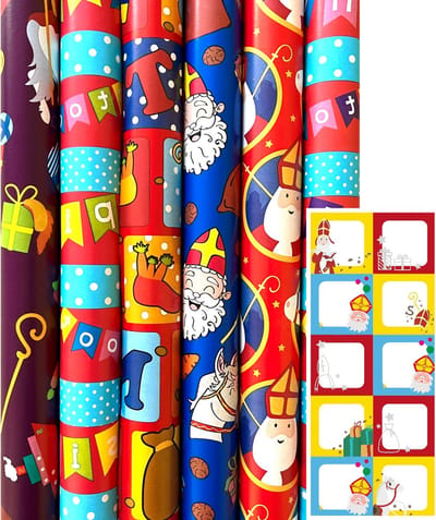 Sinterklaaspapier Sint Inpakpapier Cadeaupapier - 70 cm x 3 meter - 6 rollen - Incl. 20 Sint Naamstickers