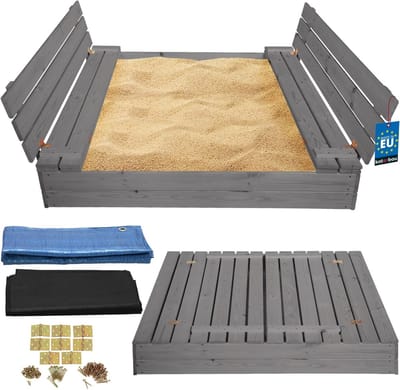 Houten Zandbak - Buitenspeelgoed - Spelen in de tuin - Met deksel en bankjes - 140x140 cm - Grijs