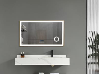 Mawialux LED Badkamerspiegel - 100cm - Rechthoek - Mat goud rand - Make up vergroting spiegel - Verwarming - Digitale klok - Bluetooth - Joshua