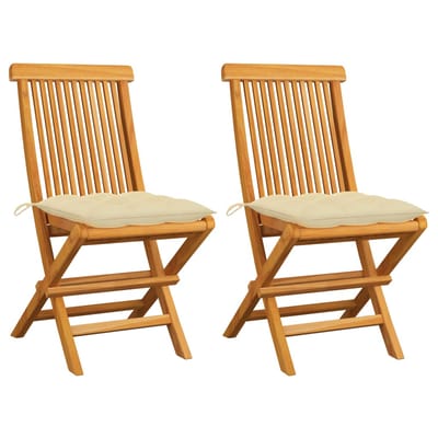 vidaXL - Inklapbare - stoelen - 2 - st - met - crèmewitte - kussens - massief - teakhout