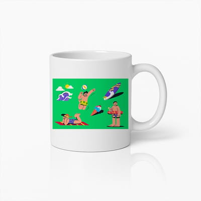 Leuke Zomerstrand Activiteit Cartoon Mok – Perfect Cadeau voor Strand- en Vakantiegangers