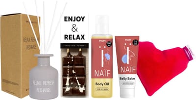 Naif Cadeauset Mom Relax Luxe Body, Chocolade & Geurstokjes - Naif Mom Body Oil 100ml Relaxing - Naif Mom Buikbalsem 75ml Nourishing - Liv 'n Taste Choco Latte Enjoy & Relax - Kersepittje Klein Hartje Rood