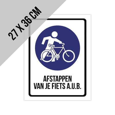 Pictogram/ bord | "Afstappen van je fiets a.u.b." | 27 x 36 cm | Kunststof | Fietsers | Vertraag | Fiets | Wandel gebied | Voetgangers | Gevaar | 1 stuk