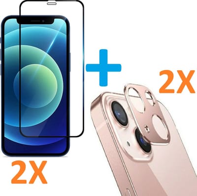 2X Volledige Dekking Scherm Tempered Glass Screen Protector  + 2X Camera lens Beschermer Rosegoud Geschikt voor: Apple iPhone 12