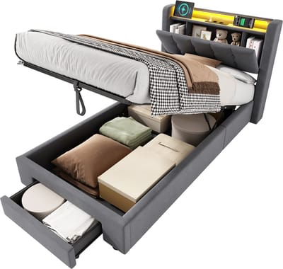 MODFU Gestoffeerd Bed 90x200 cm – LED, USB & hydrauliek – Fluweel – Met lade – Incl. lattenbodem – Modern design