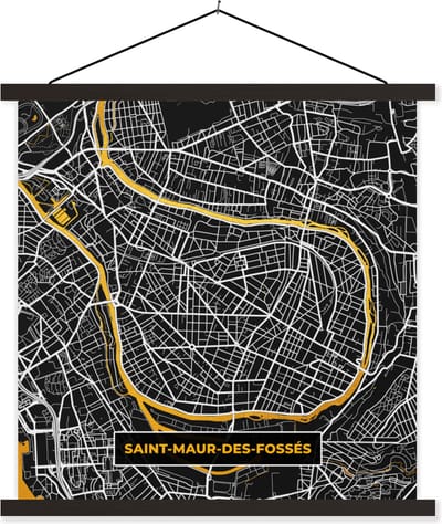 Posterhanger incl. Poster 60x60 cm - Schoolplaat - Kaart – Saint-Maur-des-Fossés - Plattegrond – Frankrijk – Stadskaart - Textielposter - Zwarte latten - Stadskaart