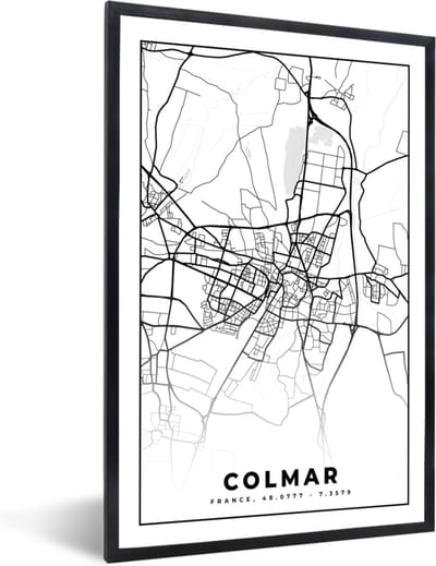 Fotolijst incl. Poster Zwart Wit- Colmar - Stadskaart - Frankrijk - Kaart - Plattegrond - Zwart wit - 40x60 cm - Posterlijst