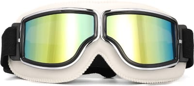 KIMU® Goggles Motorbril Skibril - Bril Wit Montuur - Oranje Spiegelglazen - Leatherlook Pilotenbril Vintage Motor Retro Steampunk Lederen Heren Festival