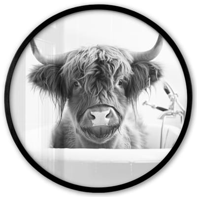Poster in lijst Rond - Fotolijst 40x40 cm - Posters - Schotse Hooglander - Koe - Bad - Zwart wit - Ronde posterlijst zwart - Decoratie - Wanddecoratie woonkamer - Muurdecoratie slaapkamer