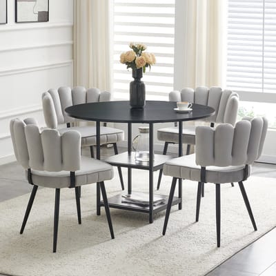 MIVRAY Eettafelset 107 cm - Ronde Tafel Met Dubbele Opberglagen en 4 Stoelen - Voor Eethoek en Appartement - MDF Metaal Zwart Lichtgrijs