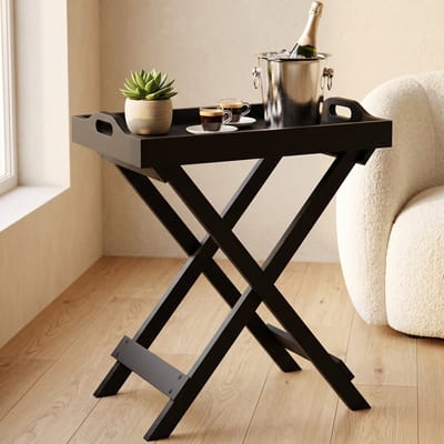 Cheqo® Butlertray - Dienbladtafel met Afneembaar Dienblad - Inklapbare Bijzettafel - Opklapbaar en Opvouwbaar - Zwart MDF Klaptafel - voor Woonkamer en Slaapkamer - Snacktafel en Koffietafel - Serveerblad op Onderstel