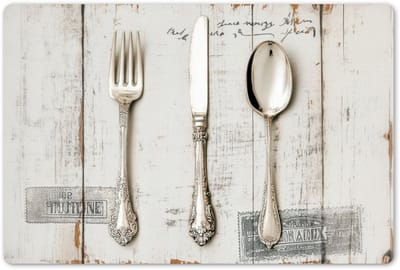 Placemats 45x30 cm - Placemat kunststof - 1 stuk - Zilver - Bestek - Hout - Borden onderleggers - Decoratie voor op tafel - Keuken tafeldecoratie accessoires - Vinyl onderlegger - Tafelversiering