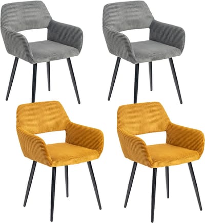Meubles Cosy Set van 4 eetkamerstoelen - met armleuningen Corduroy zitting – Donkergrijs & Geel