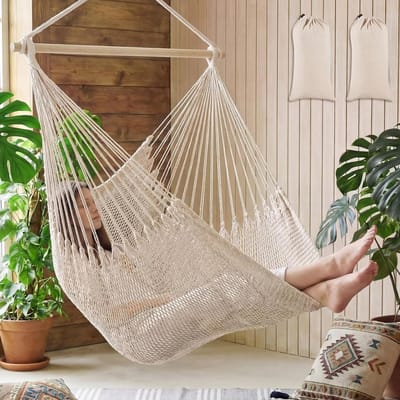 Barydat Hangstoel Boho schommelstoel, 2 stuks, voor binnen en buiten, katoenen touw, wevende stoel met 105 cm afneembare metalen staven voor achtertuin, woonkamer, slaapkamer, tuin (beige)