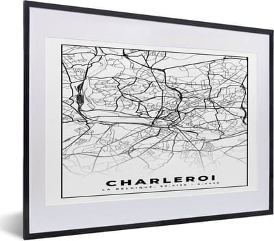 Fotolijst incl. Poster Zwart Wit- Plattegrond – Charleroi – Zwart Wit – Stadskaart - Kaart - België - 40x30 cm - Posterlijst