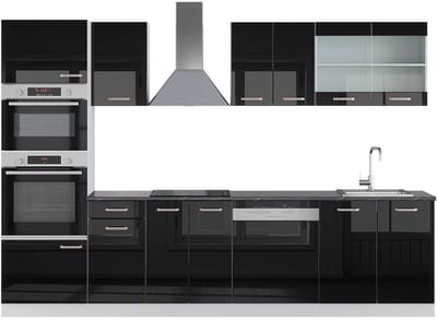 Vicco R-Line Complete keukeneenheid – 300 cm met hoge kast, WB Antraciet Zwart hoogglans/wit