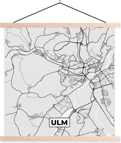 Posterhanger incl. Poster 40x40 cm - Schoolplaat - Duitsland - Plattegrond - Kaart - Ulm- Stadskaart - Textielposter - Blanke latten - Stadskaart