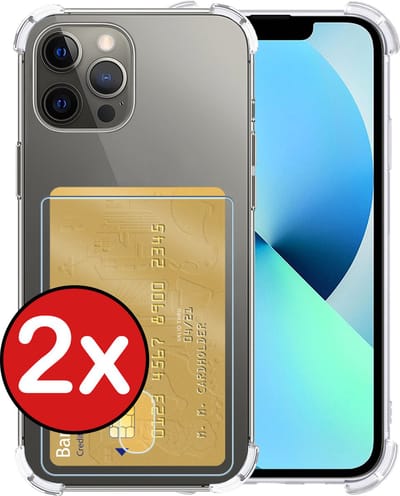 Hoesje - 2 Stuks - Geschikt voor Apple iPhone 13 Pro - Met Pashouder en Kaarthouder - Telefoon Hoes Shockproof - Back Cover - Siliconen Case - Shock Proof - Pasjes Houder - Telefoonhoes - Transparant