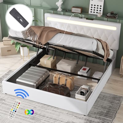 DESMIU Gestoffeerd Bed 180x200cm – Hydraulisch Opbergbed Met Led Sfeerverlichting En Usb Laadpunt – Voor Slaapkamer – Linnen – Wit – Zonder Matras
