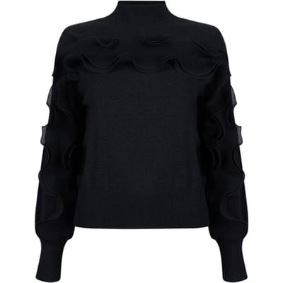 Jansen Amsterdam Barbara Trui Fn 155 Long Sleeve Plisse Ruffles Truien & vesten Dames - Sweater - Hoodie - Vest- Zwart - Maat M