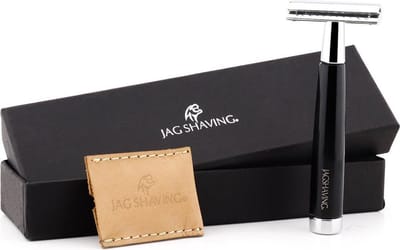 Jag Shaving Dubbele Rand Veiligheidsscheermes - In Lederen Hoes - Zwart