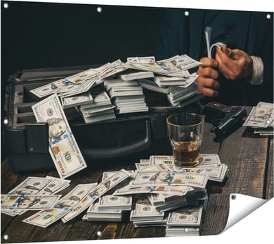 Gards Tuinposter Dollar Geld Briefjes op Tafel van de Maffia - 120x90 cm - Tuindoek - Tuindecoratie - Wanddecoratie buiten - Tuinschilderij