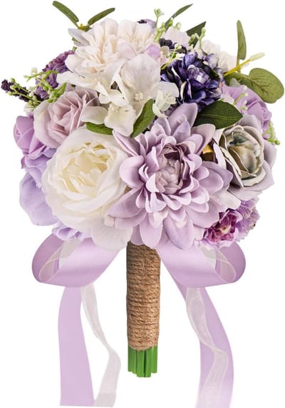 Lavendel paarse bruidsboeketten voor bruid bruidsmeisje, lila bruidsboeket kunstmatige nep zijden rozen bloemen voor bruiloft Boho Franse vintage rustieke kerkdecoratie toss boeket (8,6 inch