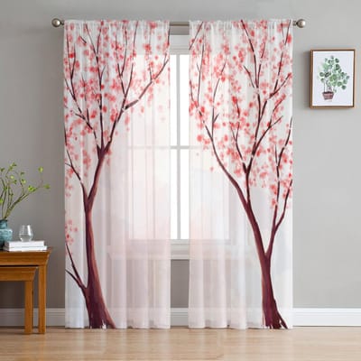 Kersenboom Kersenbloesem Transparante gordijnen voor woonkamer Slaapkamer Tule gordijnen Keuken Raamdecoratie Paneelgordijnen 135W x 114H(cm) white