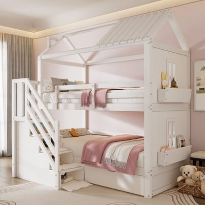 MEUNIQ Kinder stapelbed 90x200 cm met opbergtrap, lades, planken en lattenbodem, huisbed met uitvalbeveiliging voor kinderkamer, wit