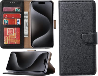 Hoesje Geschikt voor iPhone 15 Pro – portemonnee bookcase met pasjeshouder – Zwart