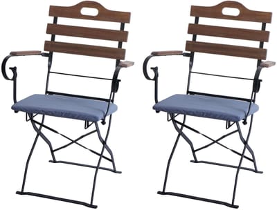 Set van 2 biertuinstoelen MCW-J40, klapstoel tuinstoel, horecakwaliteit acacia ~ lichtbruin, bekleding blauw