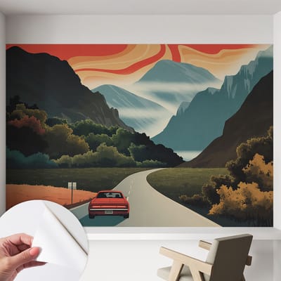 Coloray Zelfklevend Behang - Bergavontuur Stickerbehang op rol - 152x104 cm - Oranje Zelfklevend Behang - Voor de woonkamer, slaapkamer en kantoor - Herpositioneerbaar - Zelfklevend fotobehang