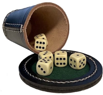 Engelhart Games pokerbeker zwart leder met dobbelstenen 16mm - speelplezier.