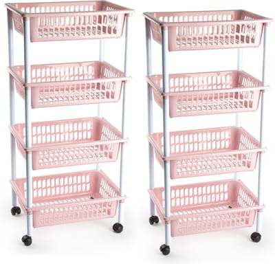 Plasticforte opberg trolley - roltafel - met 4 manden - roze - set 2x stuks - 40 x 50 x 85 cm - Etagewagen - kar met opbergkratten - kunststof